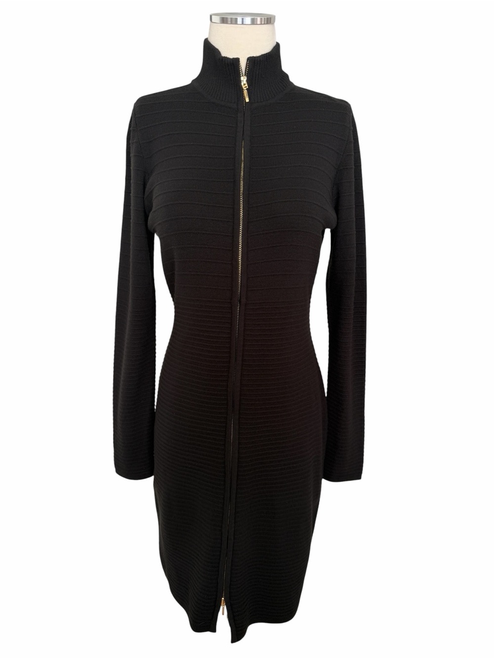 Calvin Klein Black Zip-Front Ribbed Long Sleeve Knit Sweater Midi Dress Sz M - Picture 3 of 11